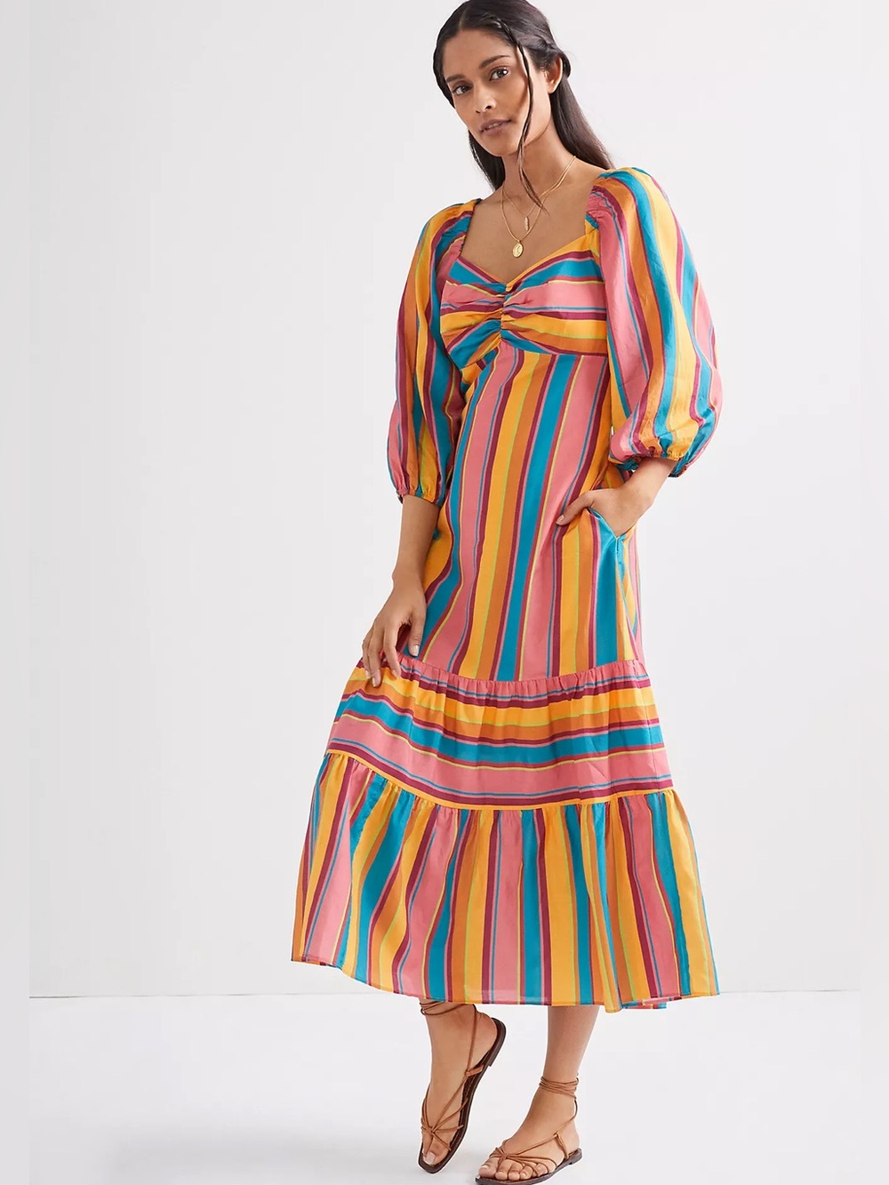 NWT Farm Rio Rainbow Stripe Maxi Dress Boho Puff Sleeves Summer Pockets L XL